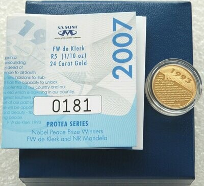2007 South Africa Protea Nelson Mandela De Klerk 5 Rand Gold Proof 1/10oz Coin Box Coa