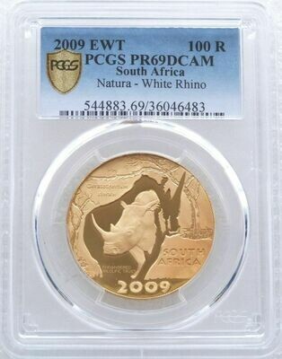 2009-EWT South Africa Natura Launch Mint Mark White Rhino 100 Rand Gold Proof 1oz Coin PCGS PR69 DCAM
