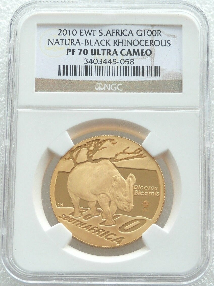 2010-EWT South Africa Natura Launch Mint Mark Black Rhino 100 Rand Gold Proof 1oz Coin NGC PF70