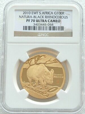 2010-EWT South Africa Natura Launch Mint Mark Black Rhino 100 Rand Gold Proof 1oz Coin NGC PF70