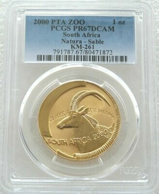 2000-PTA Zoo South Africa Natura Launch Mint Mark Sable Gold Proof 1oz Coin PCGS PR67 DCAM
