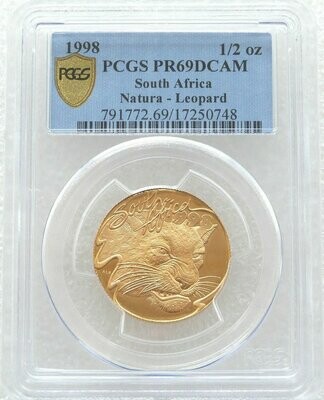1998 South Africa Natura Leopard Gold Proof 1/2oz Coin PCGS PR69 DCAM
