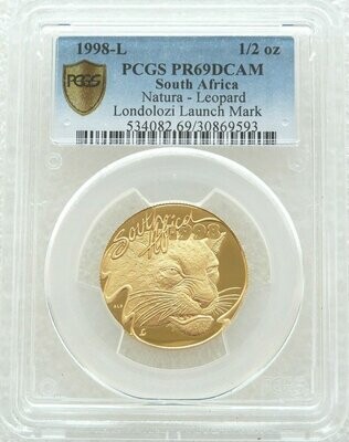 1998-L South Africa Natura Launch Londolozi Mint Mark Leopard Gold Proof 1/2oz Coin PCGS PR69 DCAM