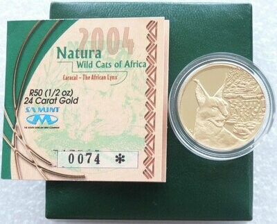 2004 South Africa Natura Caracal 50 Rand Gold Proof 1/2oz Coin Box Coa
