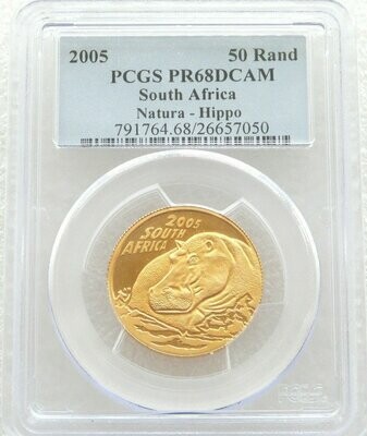 2005 South Africa Natura Hippopotamus 50 Rand Gold Proof 1/2oz Coin PCGS PR68 DCAM