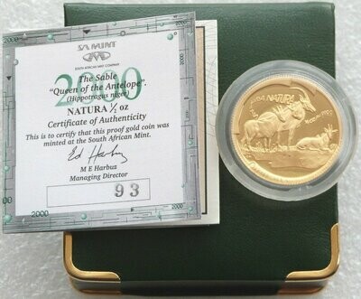 2000 South Africa Natura Sable Gold Proof 1/2oz Coin Box Coa