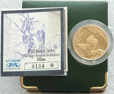 2001 South Africa Natura Oryx Gold Proof 1/2oz Coin Box Coa