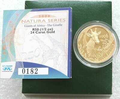 2006 South Africa Natura Giraffe 50 Rand Gold Proof 1/2oz Coin Box Coa