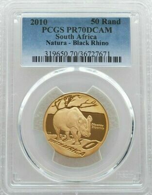 2010 South Africa Natura Black Rhino 50 Rand Gold Proof 1/2oz Coin PCGS PR70 DCAM