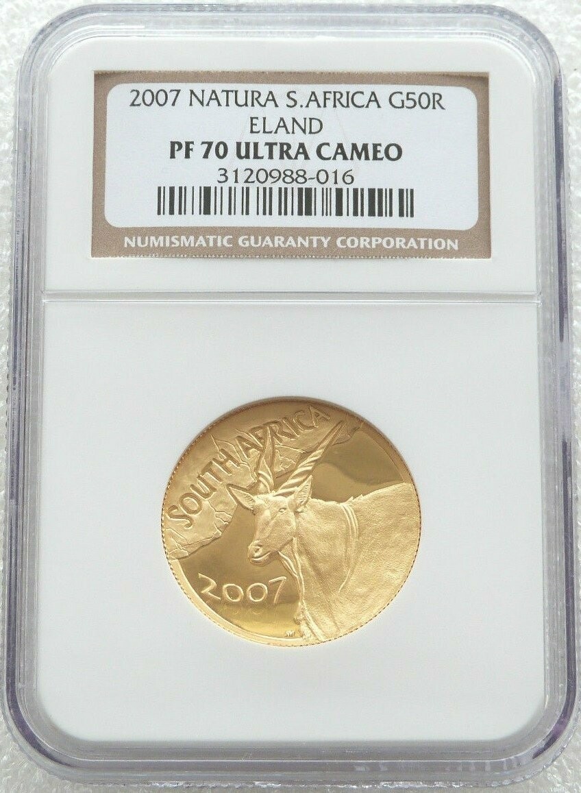 2007 South Africa Natura Eland 50 Rand Gold Proof 1/2oz Coin NGC PF70 UC