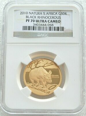 2010 South Africa Natura Black Rhino 50 Rand Gold Proof 1/2oz Coin NGC PF70 UC