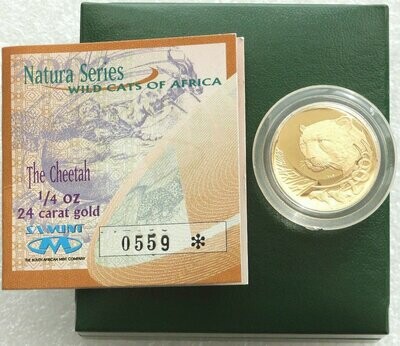 2002 South Africa Natura Cheetah 20 Rand Gold Proof 1/4oz Coin Box Coa