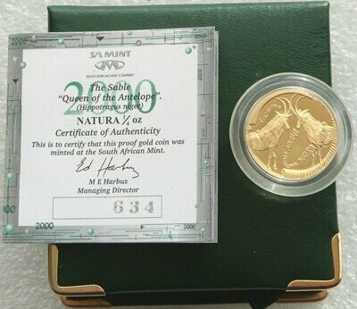 2000 South Africa Natura Sable Gold Proof 1/4oz Coin Box Coa
