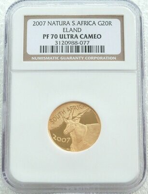 2007 South Africa Natura Eland 20 Rand Gold Proof 1/4oz Coin NGC PF70 UC