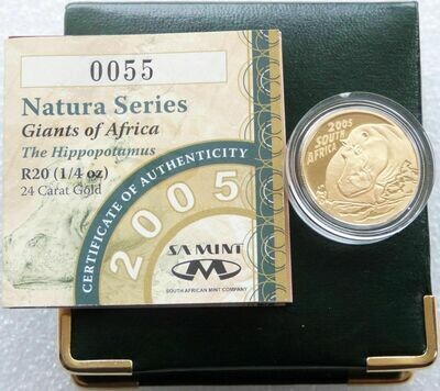 2005 South Africa Natura Hippopotamus 20 Rand Gold Proof 1/4oz Coin Box Coa