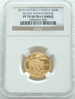 2010 South Africa Natura Black Rhino 20 Rand Gold Proof 1/4oz Coin NGC PF70 UC