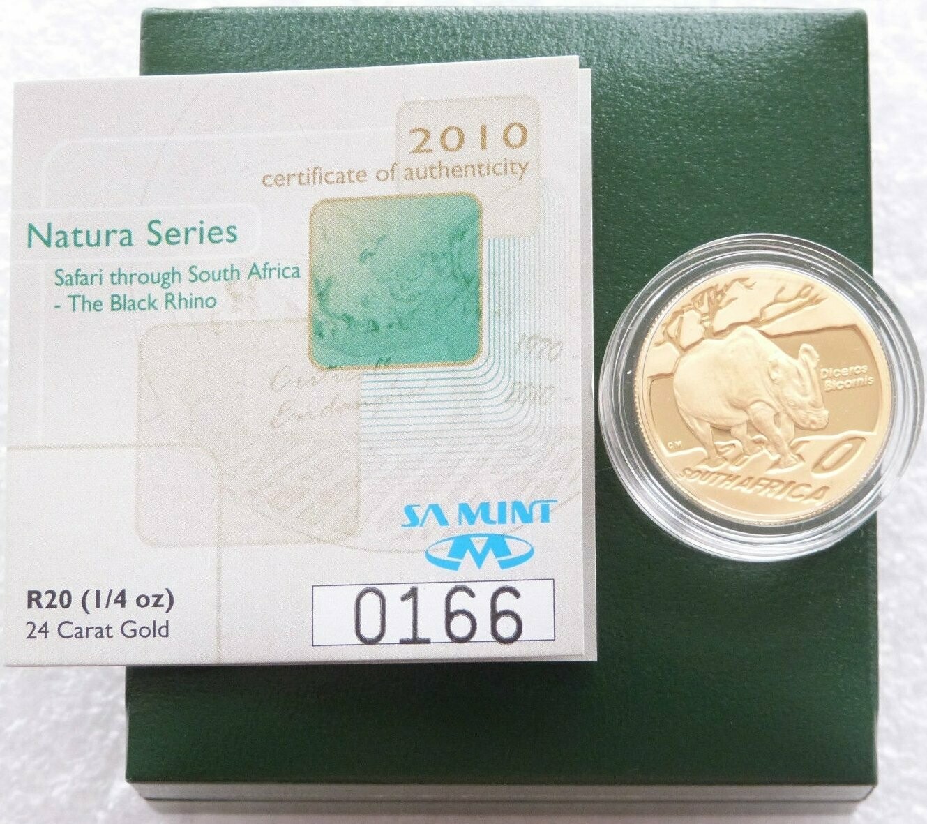 2010 South Africa Natura Black Rhino 20 Rand Gold Proof 1/4oz Coin Box Coa