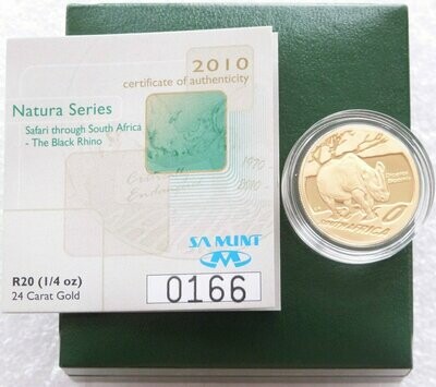2010 South Africa Natura Black Rhino 20 Rand Gold Proof 1/4oz Coin Box Coa