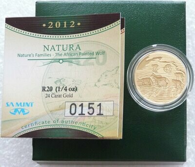 2012 South Africa Natura Painted Wolf 20 Rand Gold Proof 1/4oz Coin Box Coa