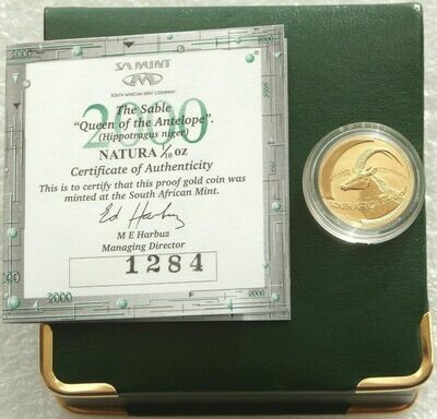 2000 South Africa Natura Sable Gold Proof 1/10oz Coin Box Coa