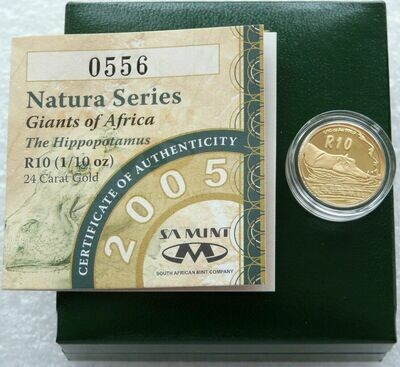 2005 South Africa Natura Hippopotamus 10 Rand Gold Proof 1/10oz Coin Box Coa