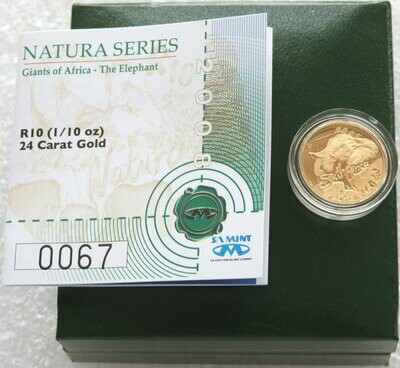 2008 South Africa Natura Elephant 10 Rand Gold Proof 1/10oz Coin Box Coa