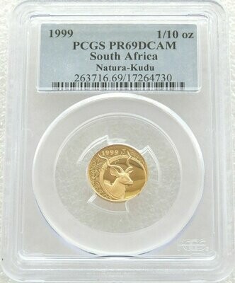 1999 South Africa Natura Kudu Bull Gold Proof 1/10oz Coin PCGS PR69 DCAM