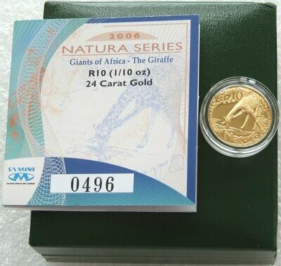 2006 South Africa Natura Giraffe 10 Rand Gold Proof 1/10oz Coin Box Coa