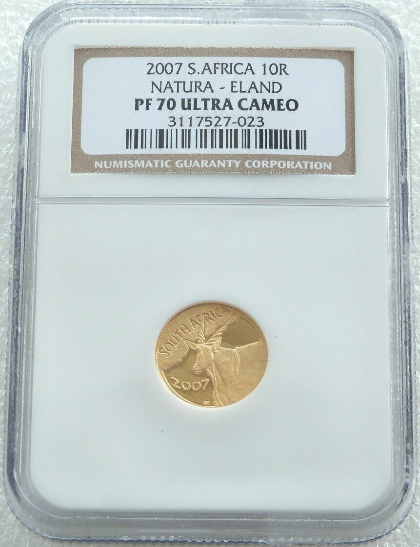 2007 South Africa Natura Eland 10 Rand Gold Proof 1/10oz Coin NGC PF70 UC