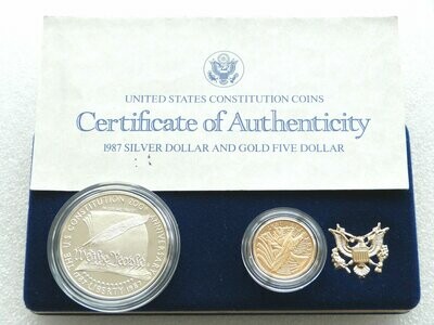 1987 American Constitution Gold and Silver 2 Coin Set Box Coa