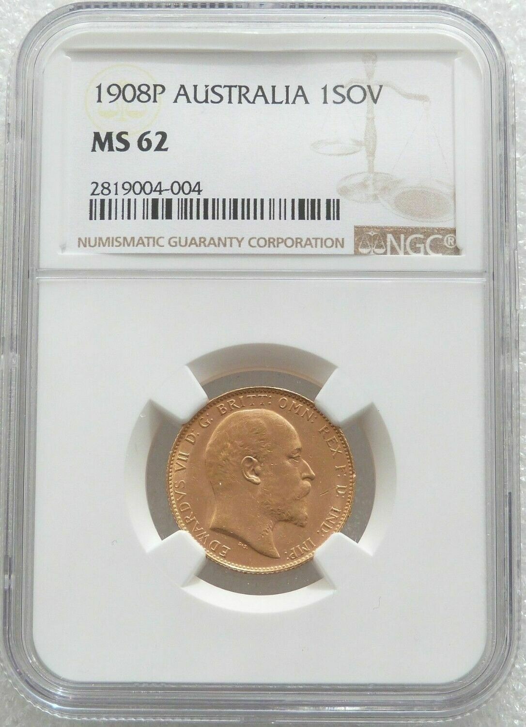 1908-P Australia Perth Edward VII Full Sovereign Gold Coin NGC MS62