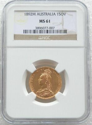 1892-M Australia Melbourne Victoria Full Sovereign Gold Coin NGC MS61