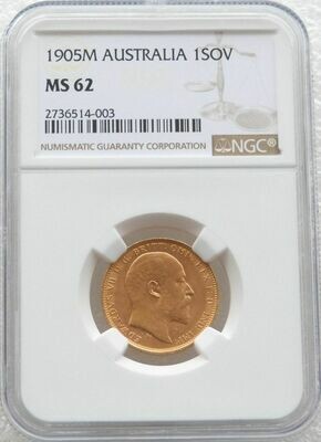 1905-M Australia Melbourne Edward VII Full Sovereign Gold Coin NGC MS62