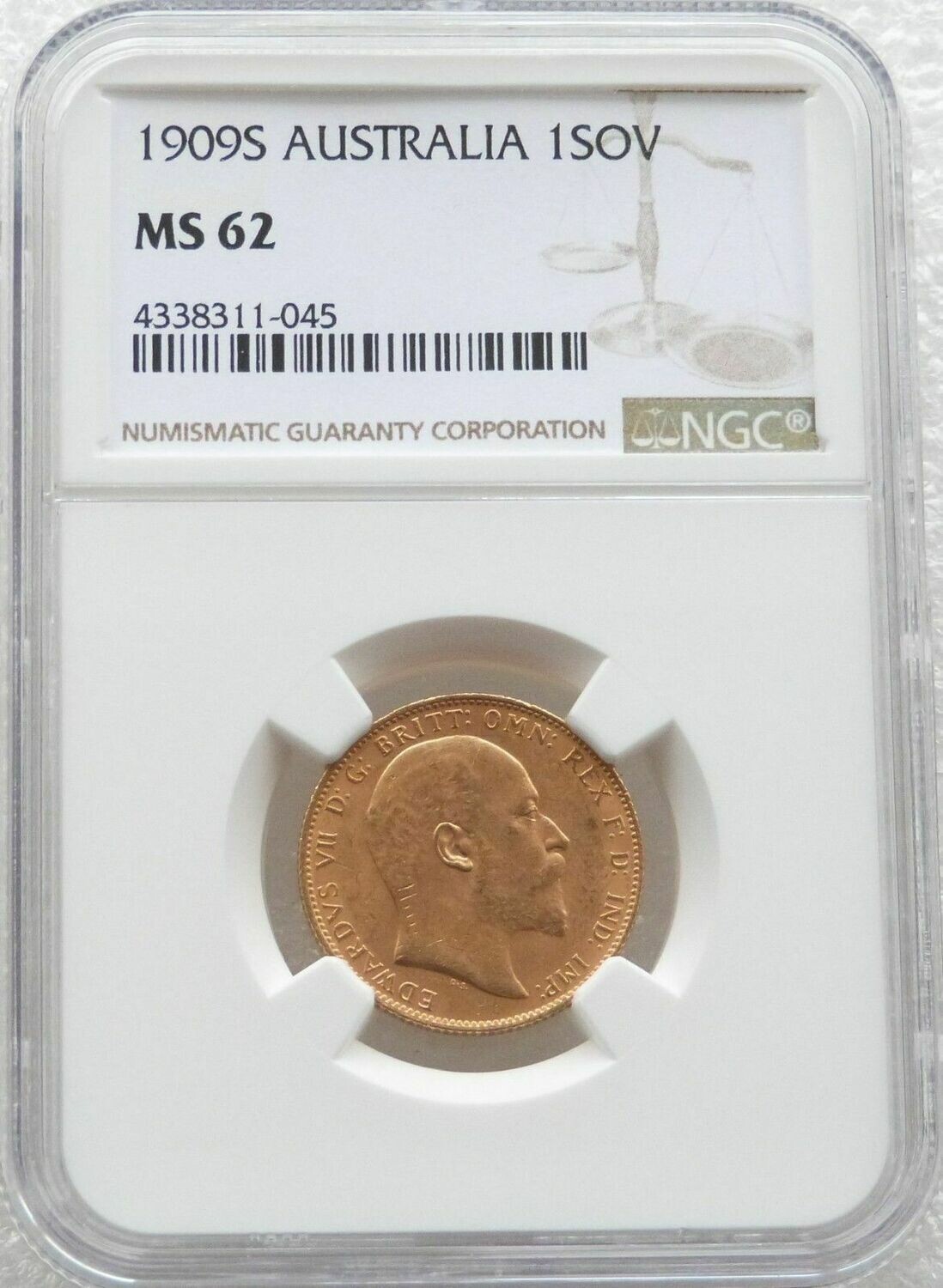 1909-S Australia Sydney Edward VII Full Sovereign Gold Coin NGC MS62