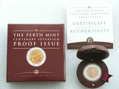 1999 Australia Perth Mint Centenary Bi-Metal $100 Gold Proof Sovereign Coin Box Coa