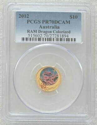 2012 Australia Lunar Dragon Colour $10 Gold Proof 1/10oz Coin PCGS PR70 DCAM
