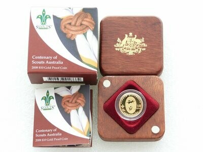 2008 Australia Scout Centenary $10 Gold Proof 1/10oz Coin Box Coa