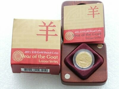 2015 Australia Lunar Goat $10 Gold Proof 1/10oz Coin Box Coa