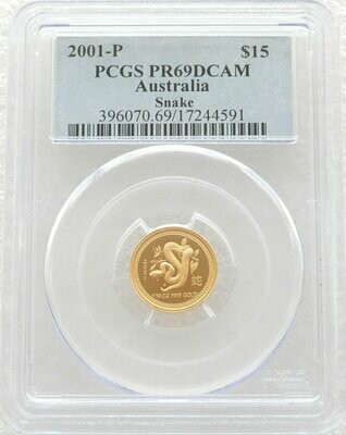2001 Australia Lunar Snake $15 Gold Proof 1/10oz Coin PCGS PR69 DCAM