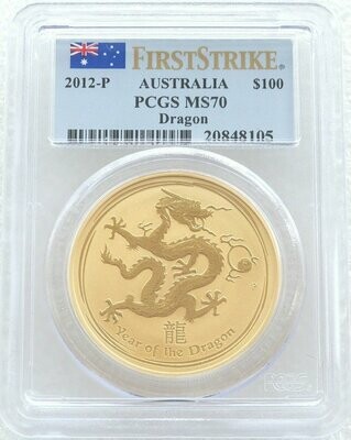 2012-P Australia Lunar Dragon $100 Gold 1oz Coin PCGS MS70 First Strike