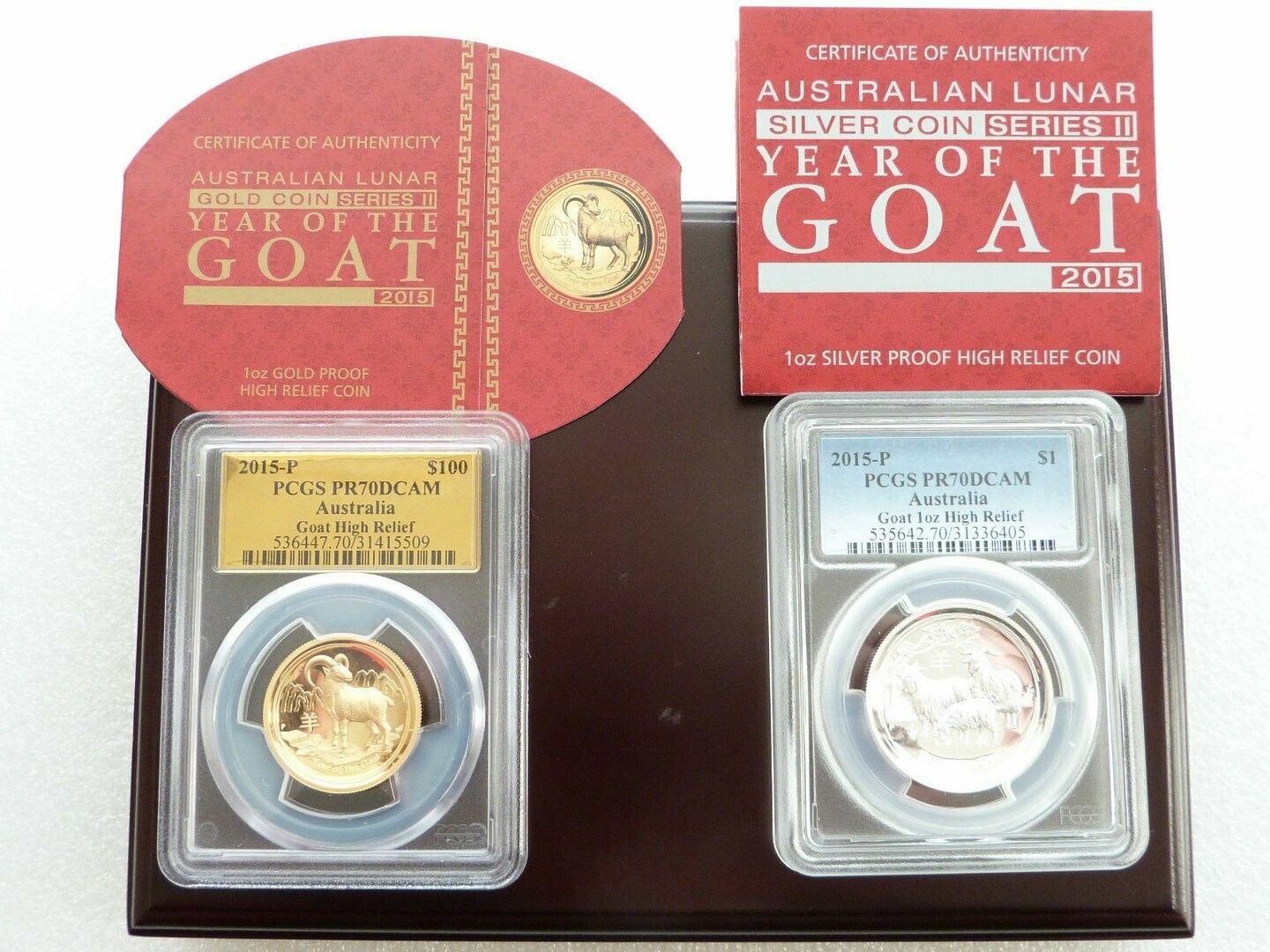 2015-P Australia Lunar Goat High Relief Gold Proof and Silver Proof 2 Coin Set PCGS PR70 DCAM