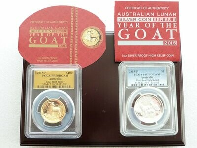 2015-P Australia Lunar Goat High Relief Gold Proof and Silver Proof 2 Coin Set PCGS PR70 DCAM