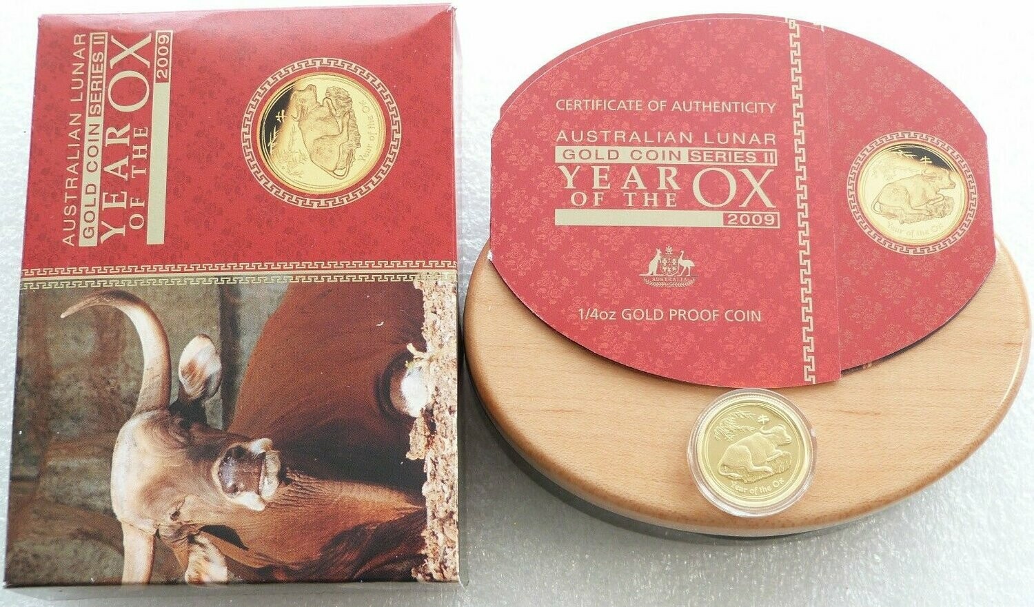 2009-P Australia Lunar Ox $25 Gold Proof 1/4oz Coin Box Coa
