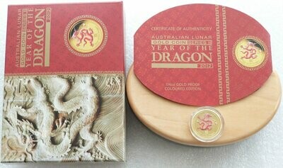 2012-P Australia Lunar Dragon Colour $25 Gold Proof 1/4oz Coin Box Coa