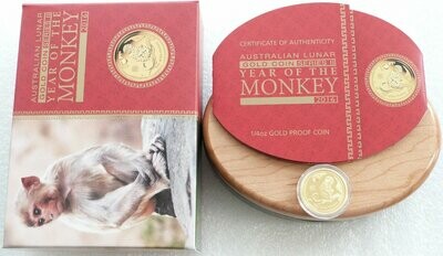 2016-P Australia Lunar Monkey $25 Gold Proof 1/4oz Coin Box Coa