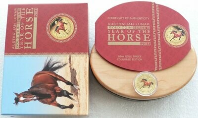 2014-P Australia Lunar Horse Colour $25 Gold Proof 1/4oz Coin Box Coa