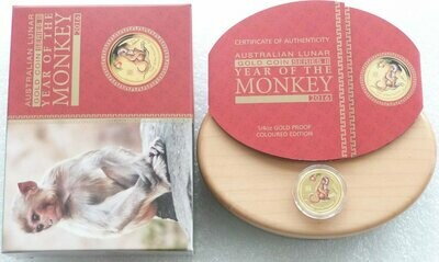 2016-P Australia Lunar Monkey Colour $25 Gold Proof 1/4oz Coin Box Coa