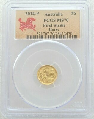 2014-P Australia Lunar Horse $5 Gold 1/20oz Coin PCGS MS70 First Strike