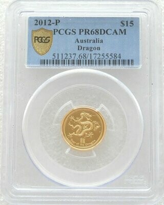 2012-P Australia Lunar Dragon $15 Gold Proof 1/10oz Coin PCGS PR68 DCAM