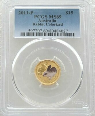 2011-P Australia Lunar Rabbit Colour $15 Gold 1/10oz Coin PCGS MS69